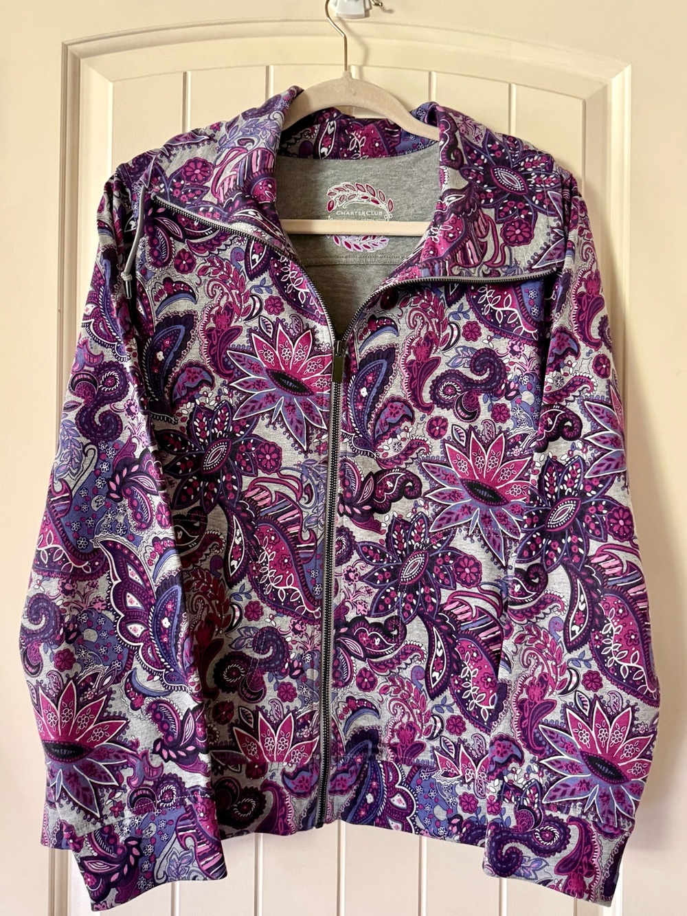 Charter Club Purple and Pink Paisley Zip-Up Bomber Jacket NWOT